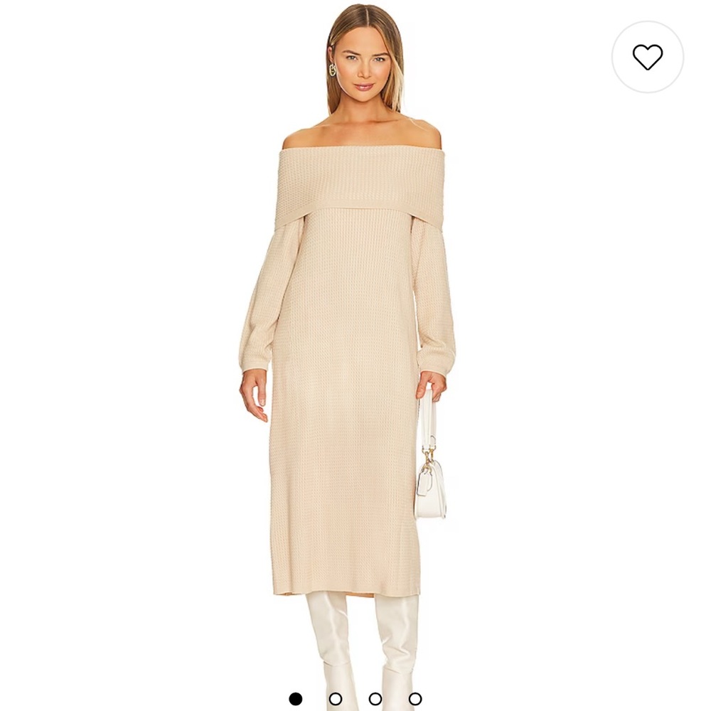 We Wore What Off the Shoulder Sweater Dress in Beige